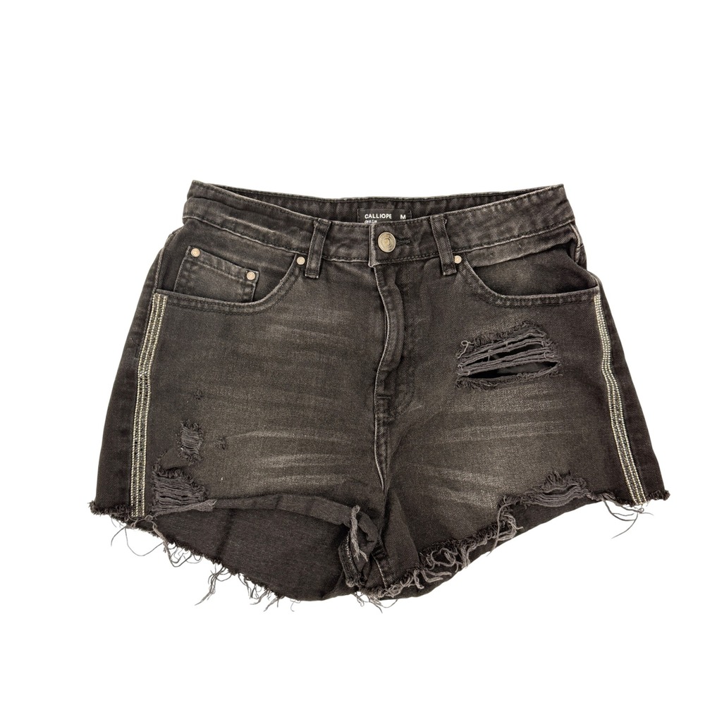 Calliope Denim Shorts Womens Size M Black Distressed Rhinestone Side Stripe Edgy
